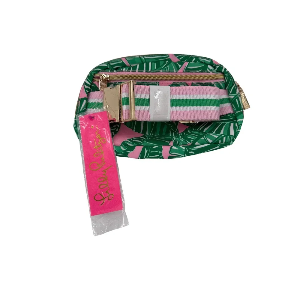 Lilly Pulitzer Cross Body Bag Pouch Palm Leaf Print‎ Pink Green Gold Zipper NEW
